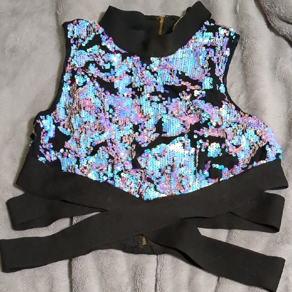 Sequin Embellished Black Crop Top